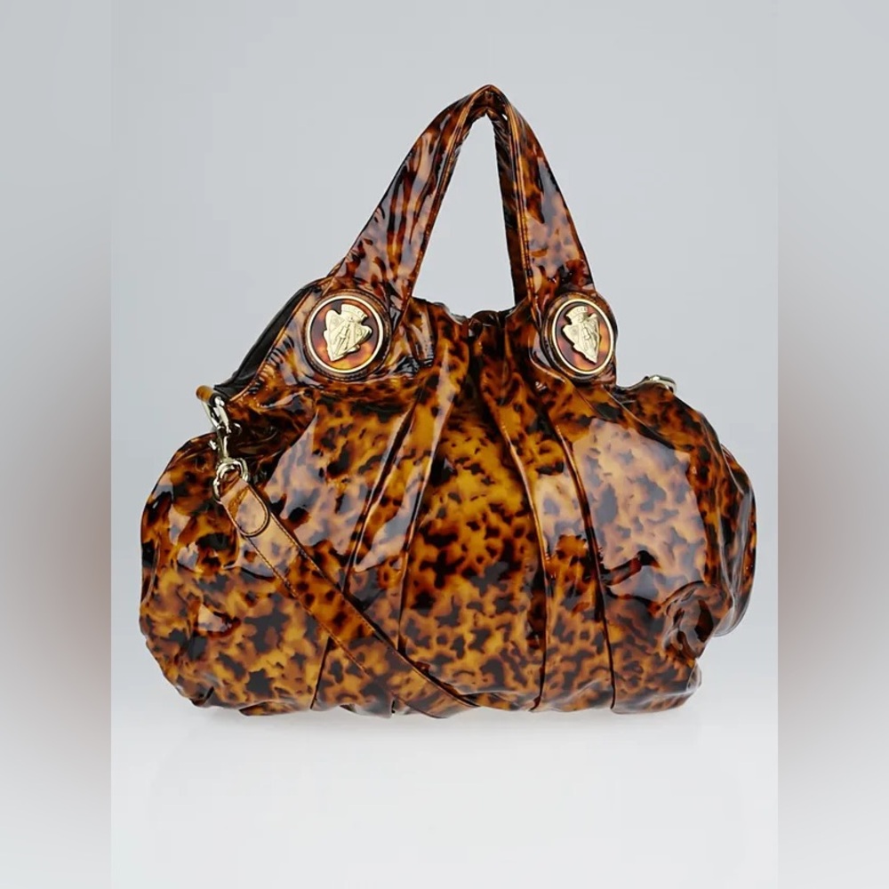 Perfect condition Gucci brown tortoise print patent leather large hysteria hobo